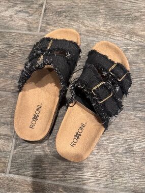 Roxoni Black Frayed Double-Buckle Slide Sandals